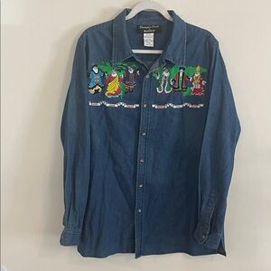 Vintage Christopher Radko Santas Around the World Button Down Shirt Denim 2002 L